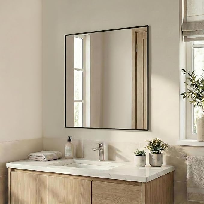 30''x30'' Square Black Bathroom Mirror, Matte Metal Framed Wa...
