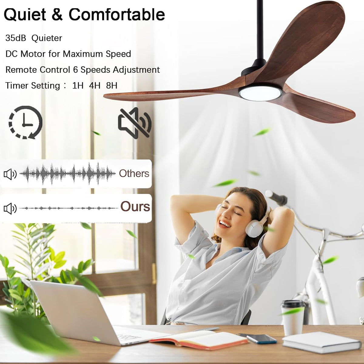 QUTWOB New Ceiling Fan With Light (Black+Dark Walnut, 52 inch, With Light)