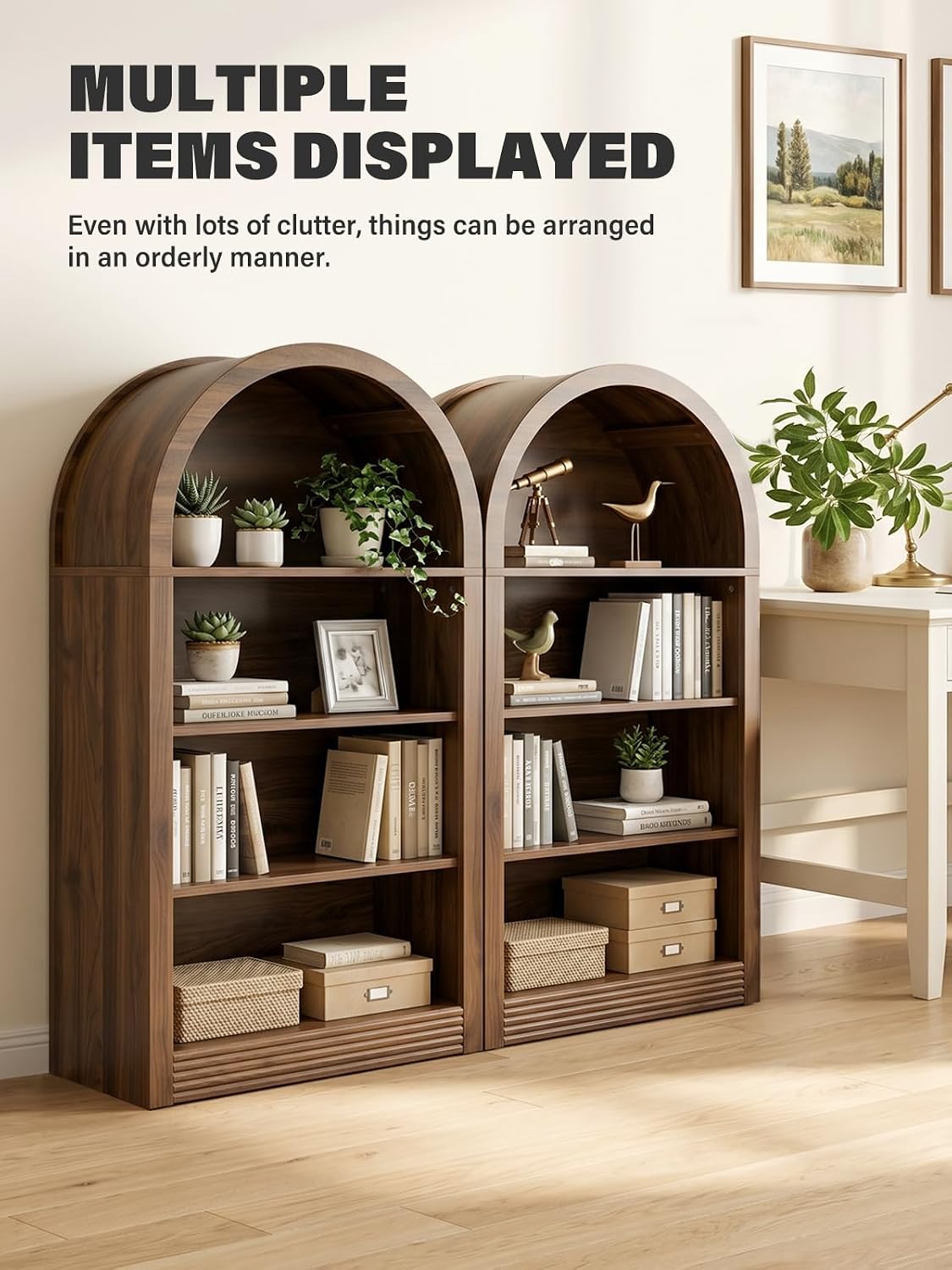 Arched Bookshelf, 47.6 inch Wood Open Bookcase, Brown