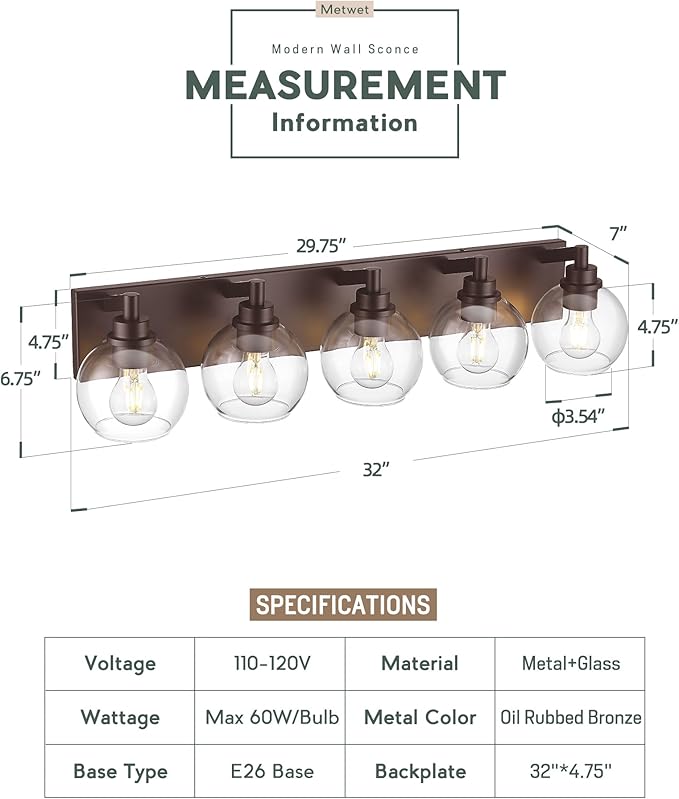 METWET Bathroom Light Fixtures Over Mirror, 5-Light Oil Rubbed Bronze Bathroom