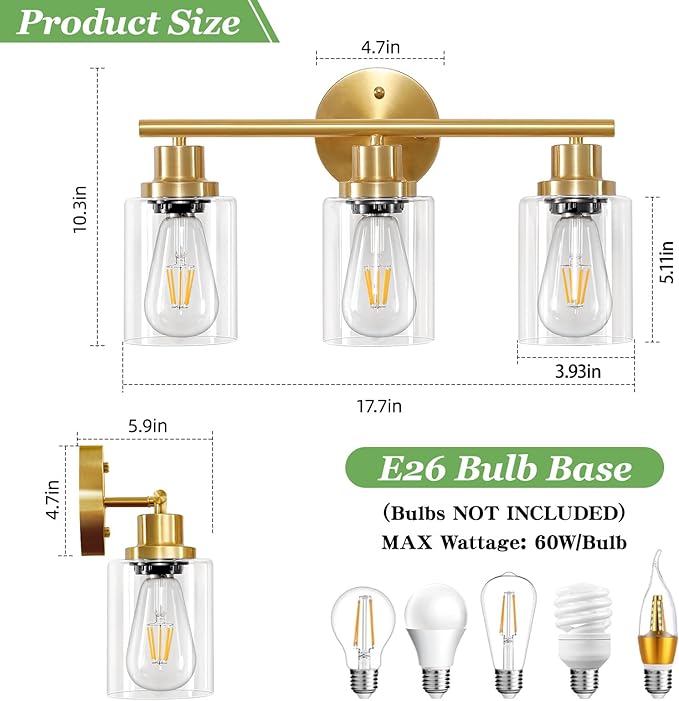 Guliaofo 3-Light Brushed Gold Vanity Lights, E26 Modern Bathroom Light Fixtures