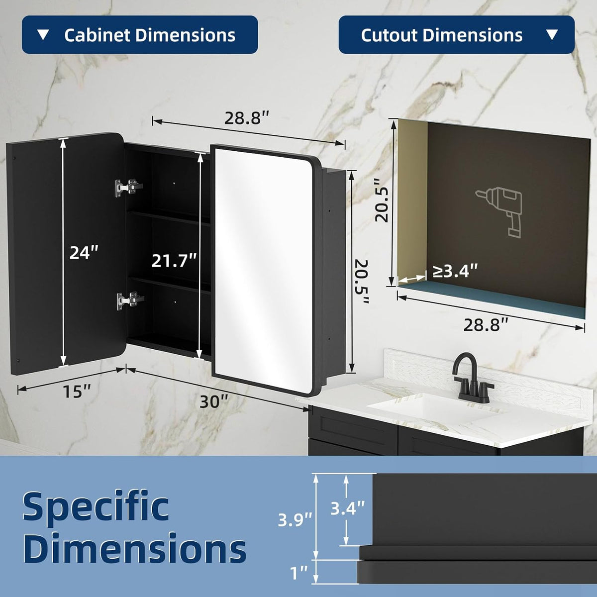 Bathroom Medicine Cabinet with Mirror 24 x 30 Inch, Black Medicine Cabinet Re...