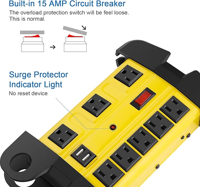 Heavy Duty Power Strip with USB, Workshop 8 Outlet Surge Protector 2700 Joules