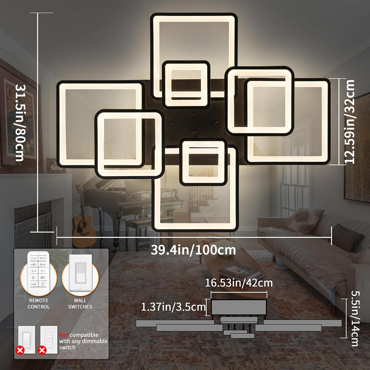 Shine LUEST Modern LED Ceiling Light, Dimmable LED Chandelier Black Flush Mou...