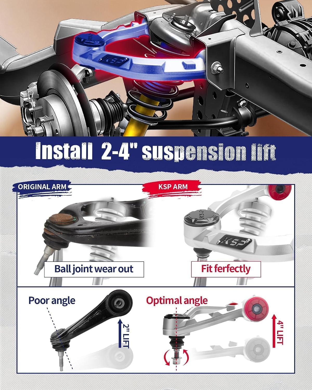 KSP F-150 Aluminum Upper Control Arm for 2-4" Leveling lift Kits, Adjust...