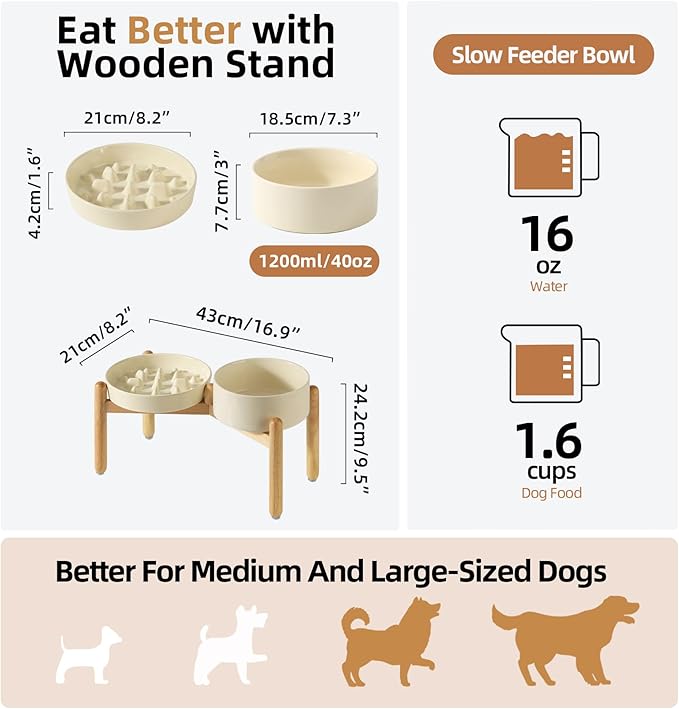 Ceramic Raised Slow Feeder Dog Bowl Set, Elevated 7.3inch Bowl and 8.2inch Slow
