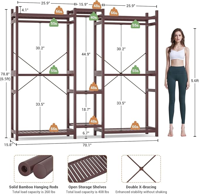 Homykic Bamboo Closet System Clothes Rack, Large Freestanding Garment Rack