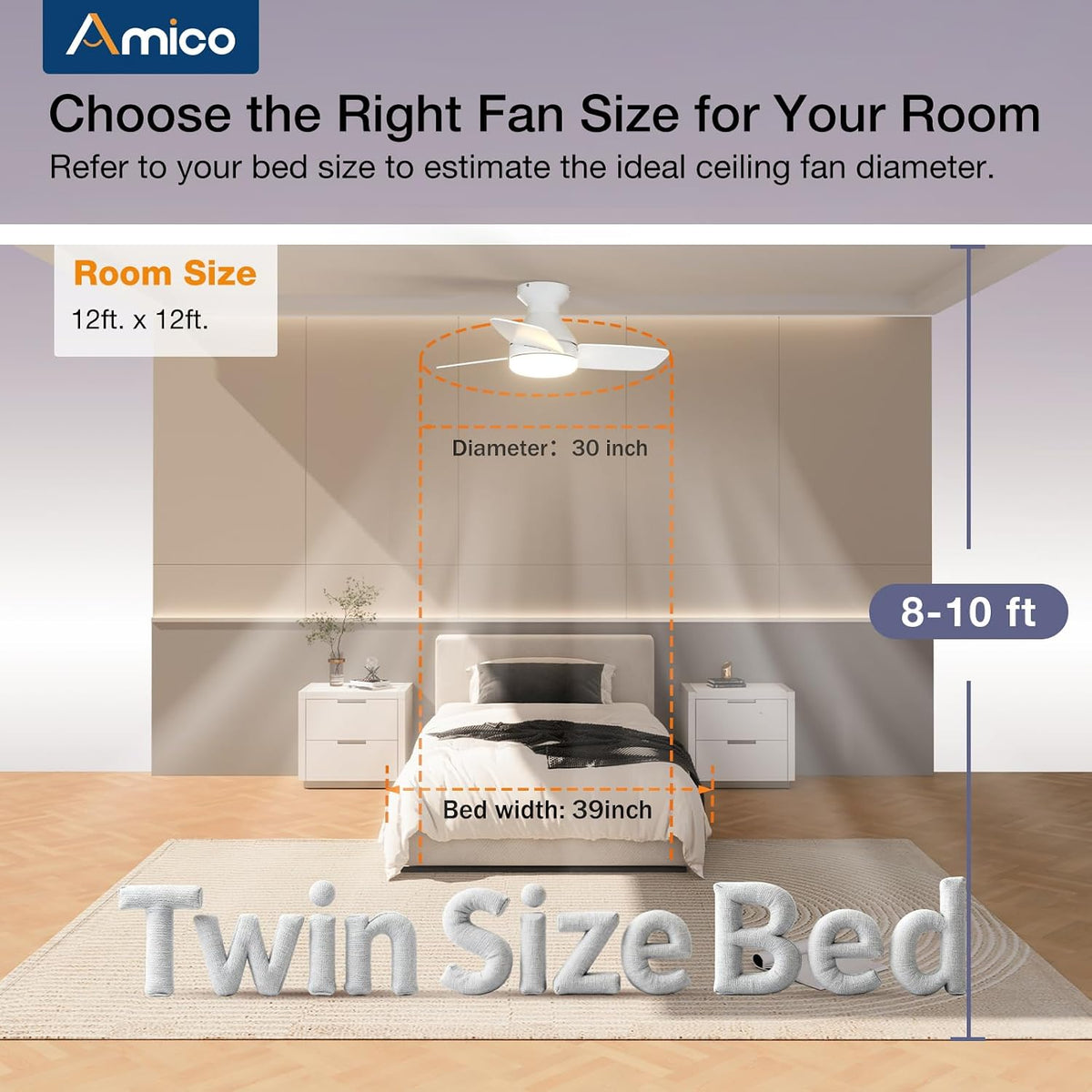 Amico 30 Inch White Low Profile Ceiling Fans with Lights and Remote