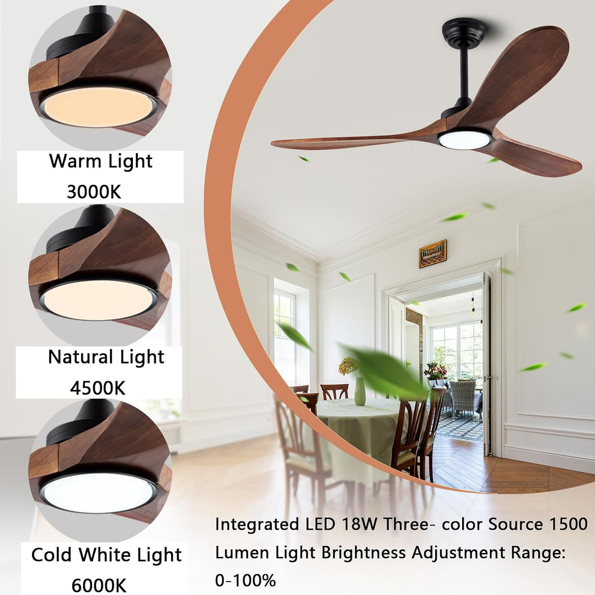 QUTWOB New Ceiling Fan With Light (Black+Dark Walnut, 52 inch, With Light)