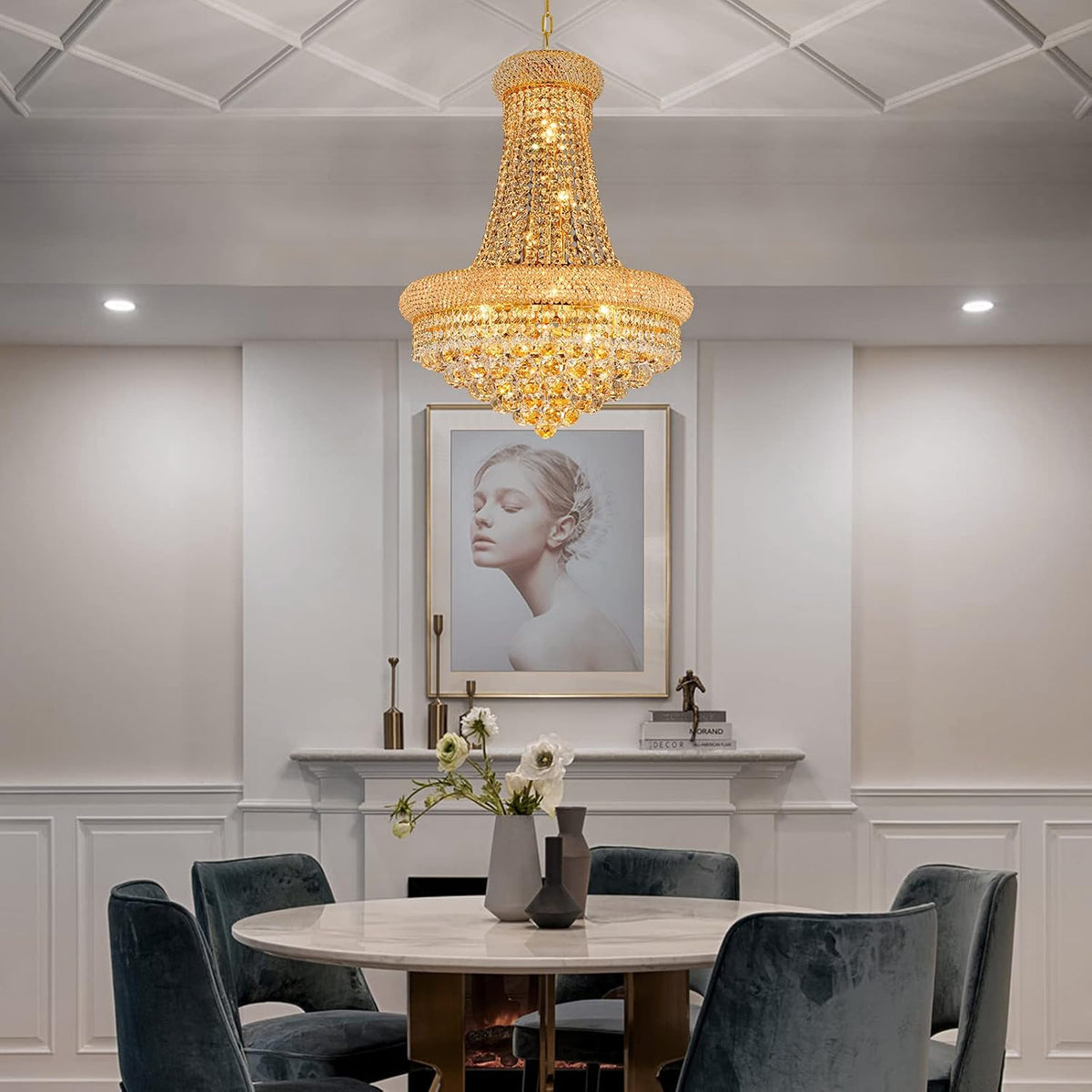 Gold Crystal Chandeliers for Dining Room,12-Lights D22 Inch