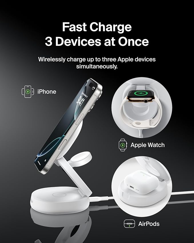 Belkin MagSafe Charger Compatible, 3-in-1 Qi2 15W Wireless Charging Station