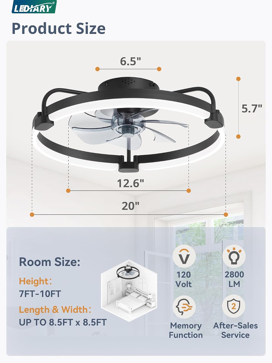 LEDIARY 20" Ceiling Fans with Lights and Remote, Low Profile Led Fan Light