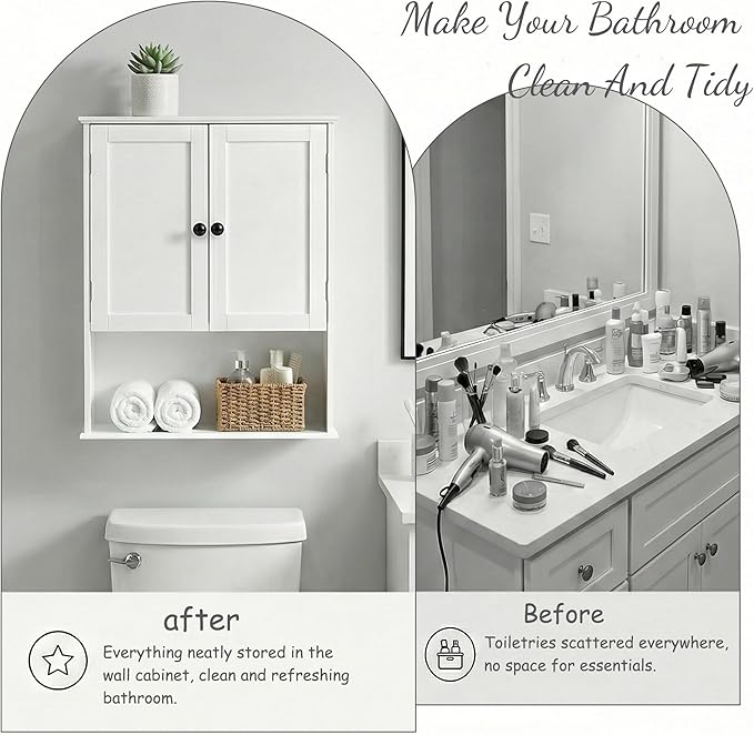 Bathroom Wall Cabinet, Over Toilet Storage Hanging Cabinet Adjustable Shelves