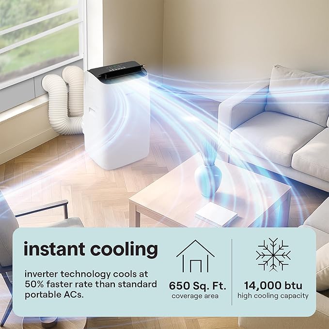 SereneLife 14000 BTU Ultra Quiet Portable Inverter Air Conditioner, Smart