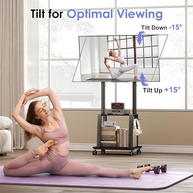 Rolling TV Stand on Wheels for 23-60Inch Flat/Curved Screen TVs, Tilt Mobile TV