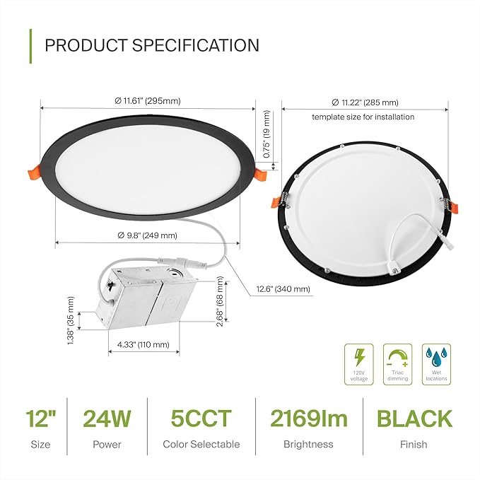 ASD 4 Pack 11/12 Inch LED Recessed Lighting 24W, 5 CCT 2700K-5000K CRI90+