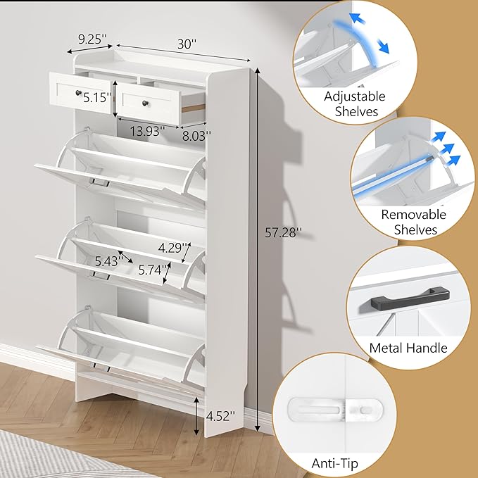 Shoe Cabinet with 3 Flip Drawers & 2 Storage Drawers, Rustic Farmhouse Na...