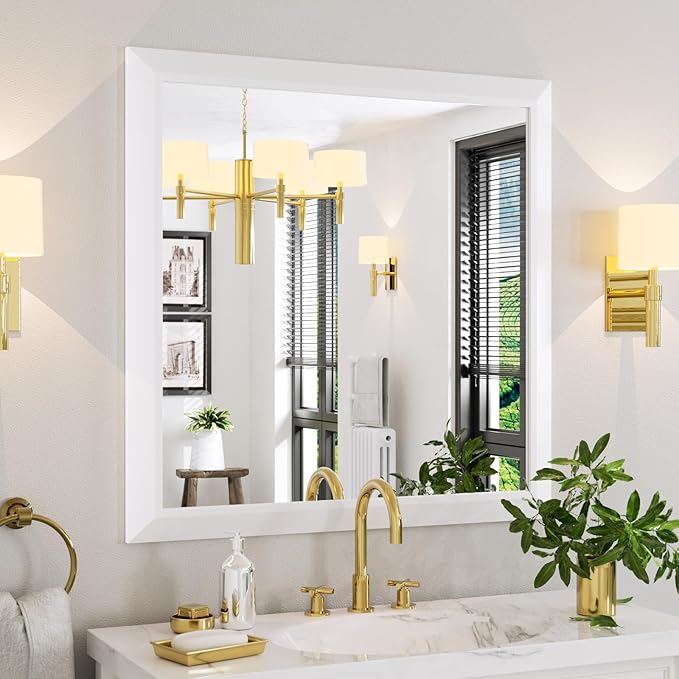 Amorho Bathroom Mirror, 36x36 Inch White Thick Metal Framed Wall Mirrors