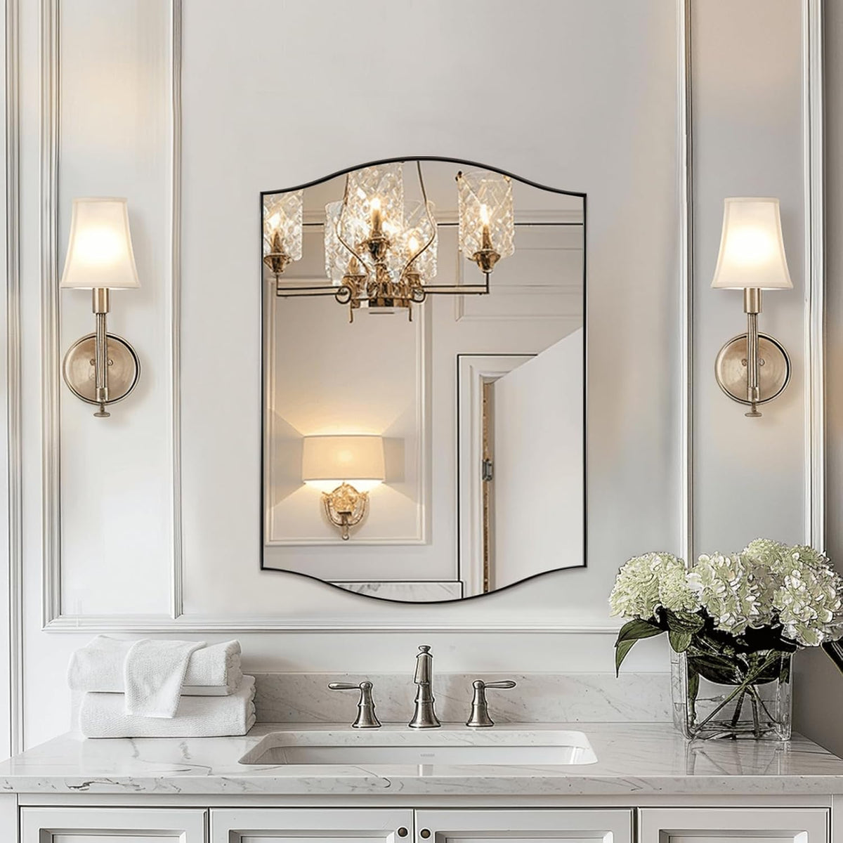 Brushed Nickel Bathroom Mirror, 22"x30" Scalloped Wall Mirror in St...