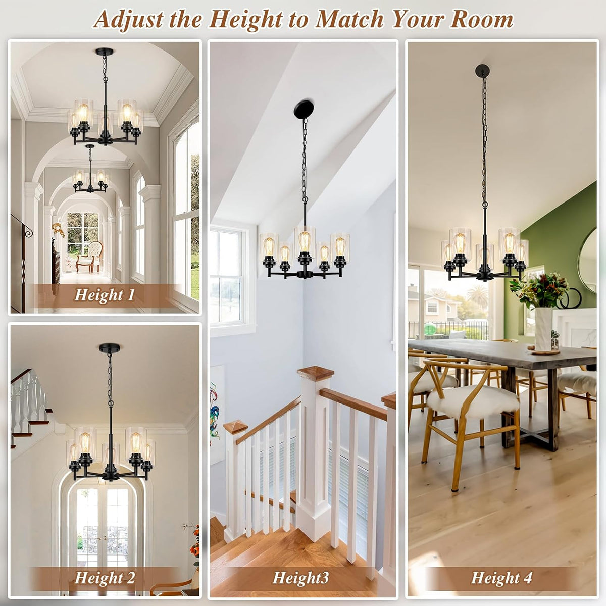 D19.8" Chandelier for Dining Room, 5-Light Black Kitchen Light Fixture