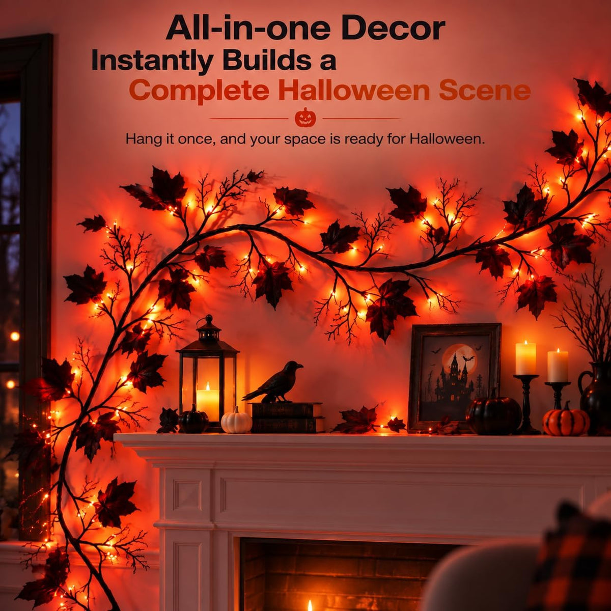 Halloween Garland with Orange Lights, 9 FT Black Maple Leaves, 72 LEDs