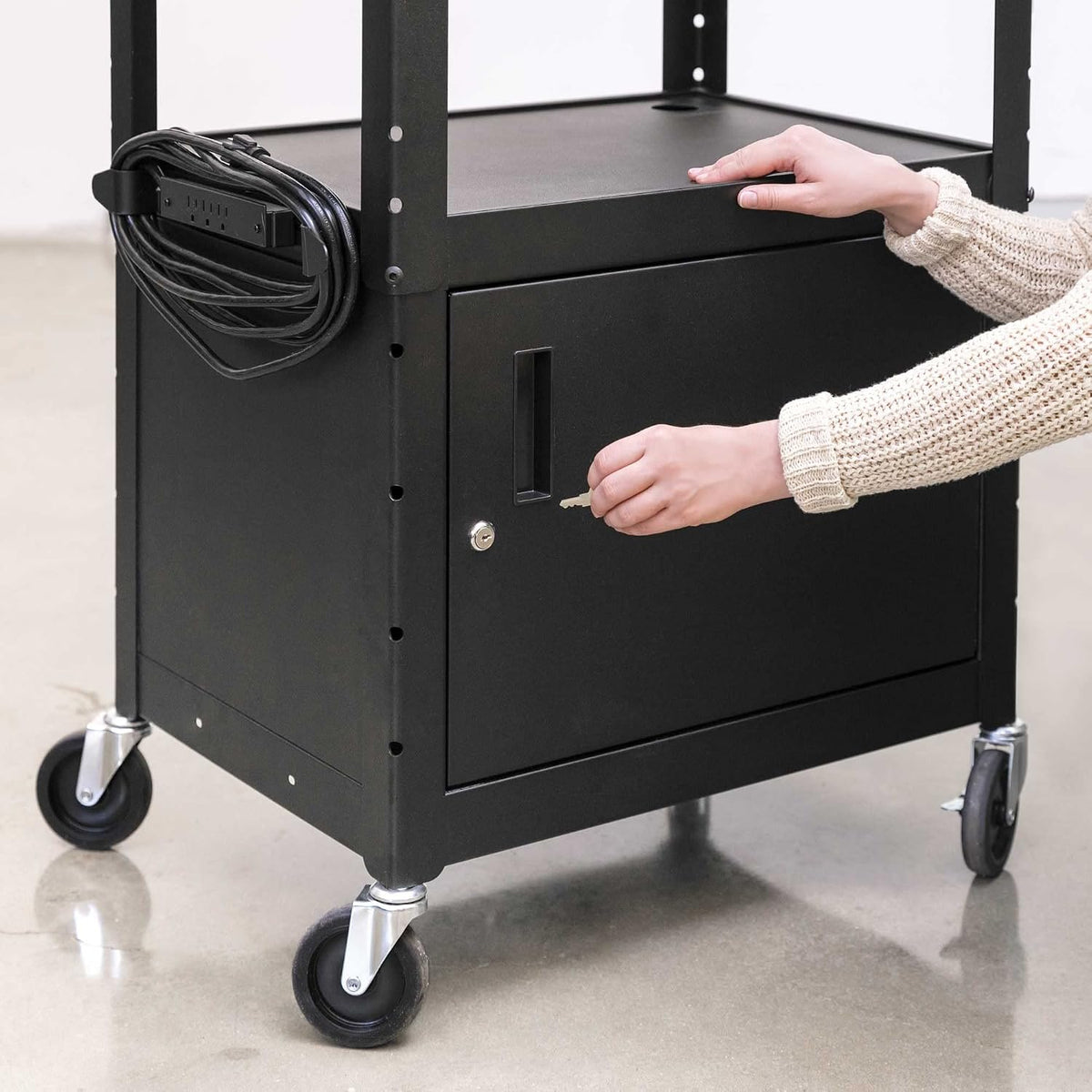 Line Leader AV Cart w/Locking Cabinet, Black Metal Utility Cart with Storage ...