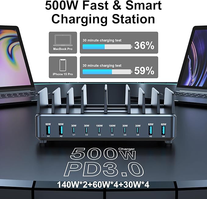 chipofy 500W Charging Station for Multiple Devices, 10-Port Multi USB C Fast