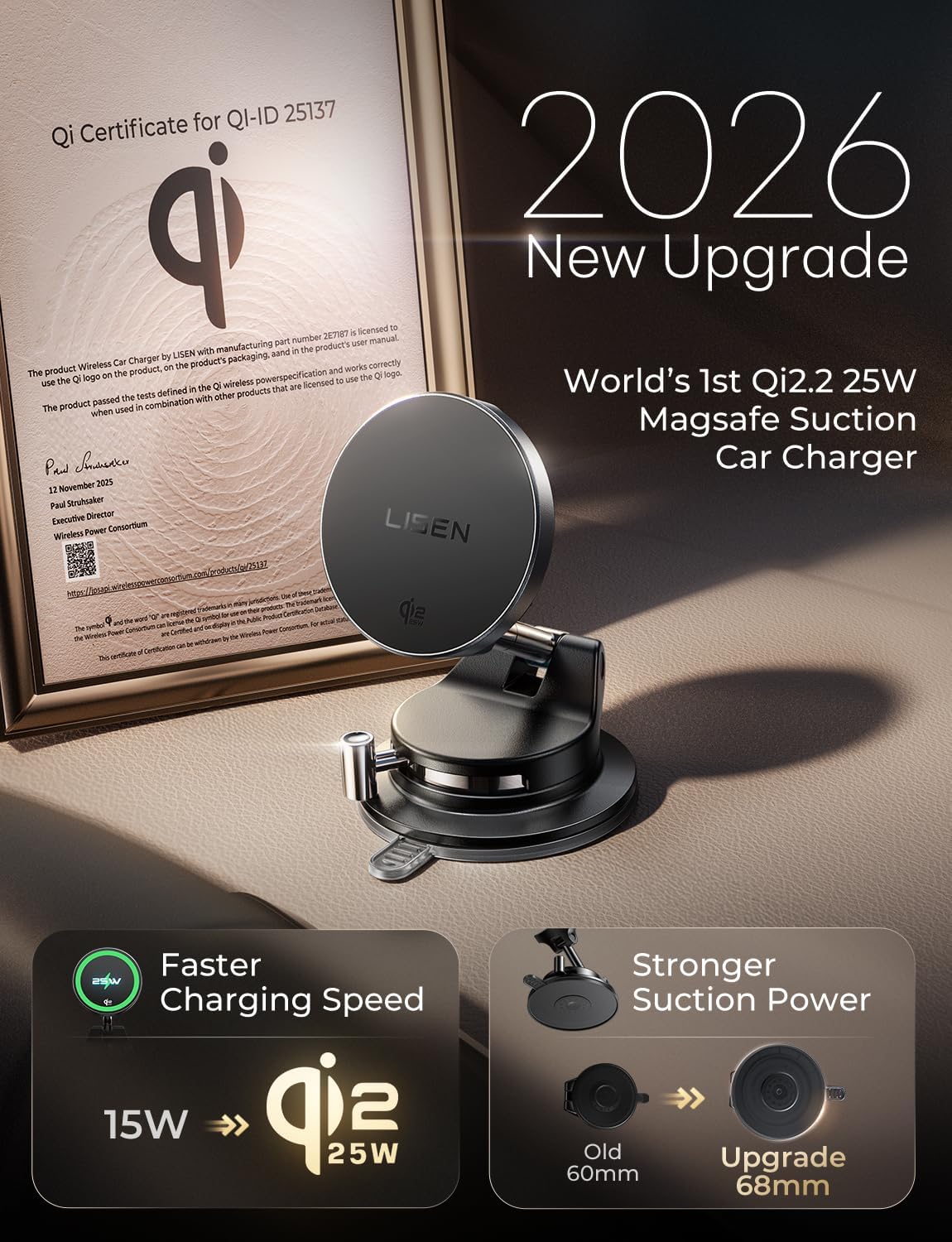 LISEN Qi2.2 25W MagSafe Car Mount Charger, Magnetic Wireless Car Charger