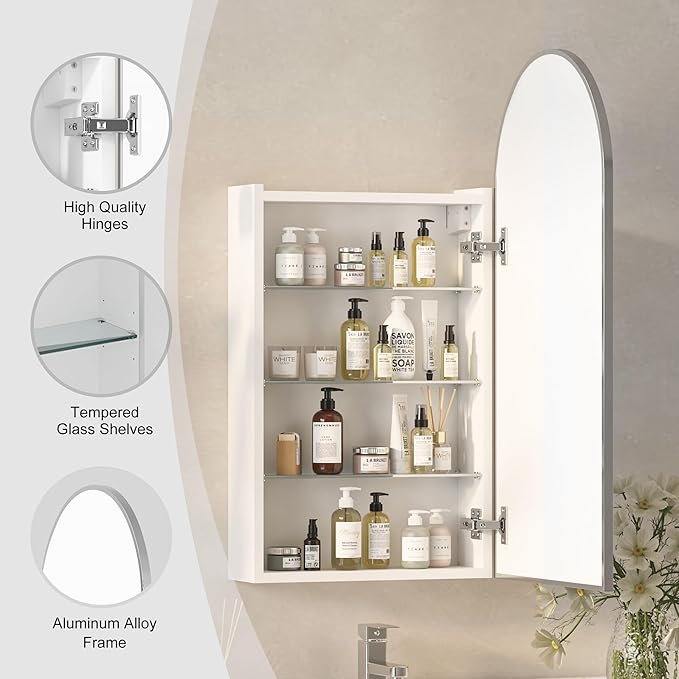 Arched Medicine Cabinets with Mirror, Wall Mounted Brushed Nickel Mirror Cabinet