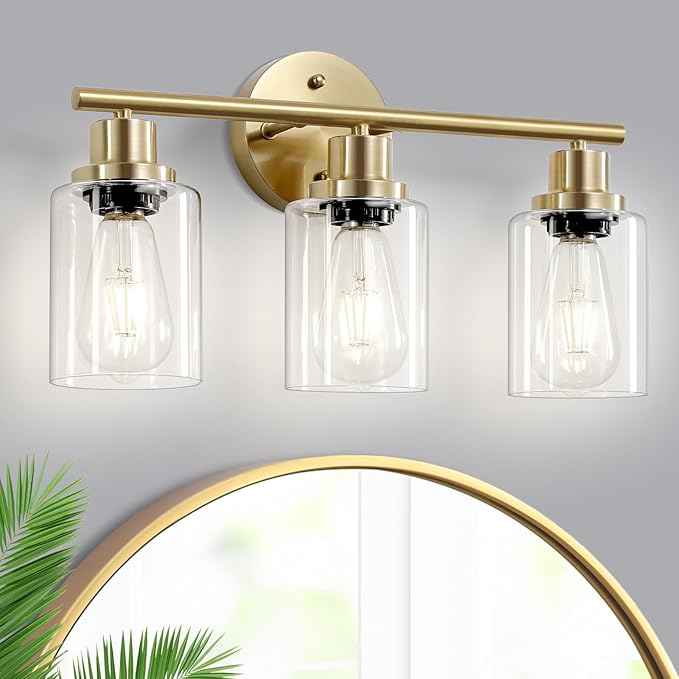 Guliaofo 3-Light Brushed Gold Vanity Lights, E26 Modern Bathroom Light Fixtures