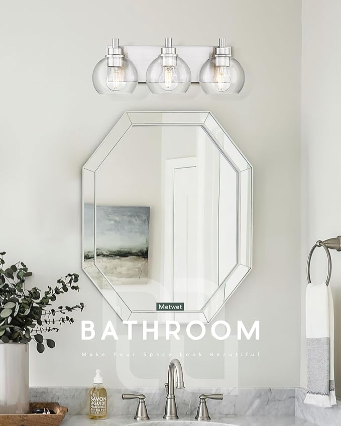 METWET Bathroom Light Fixtures, 3-Light Brushed Nickel Vanity Light, Modern