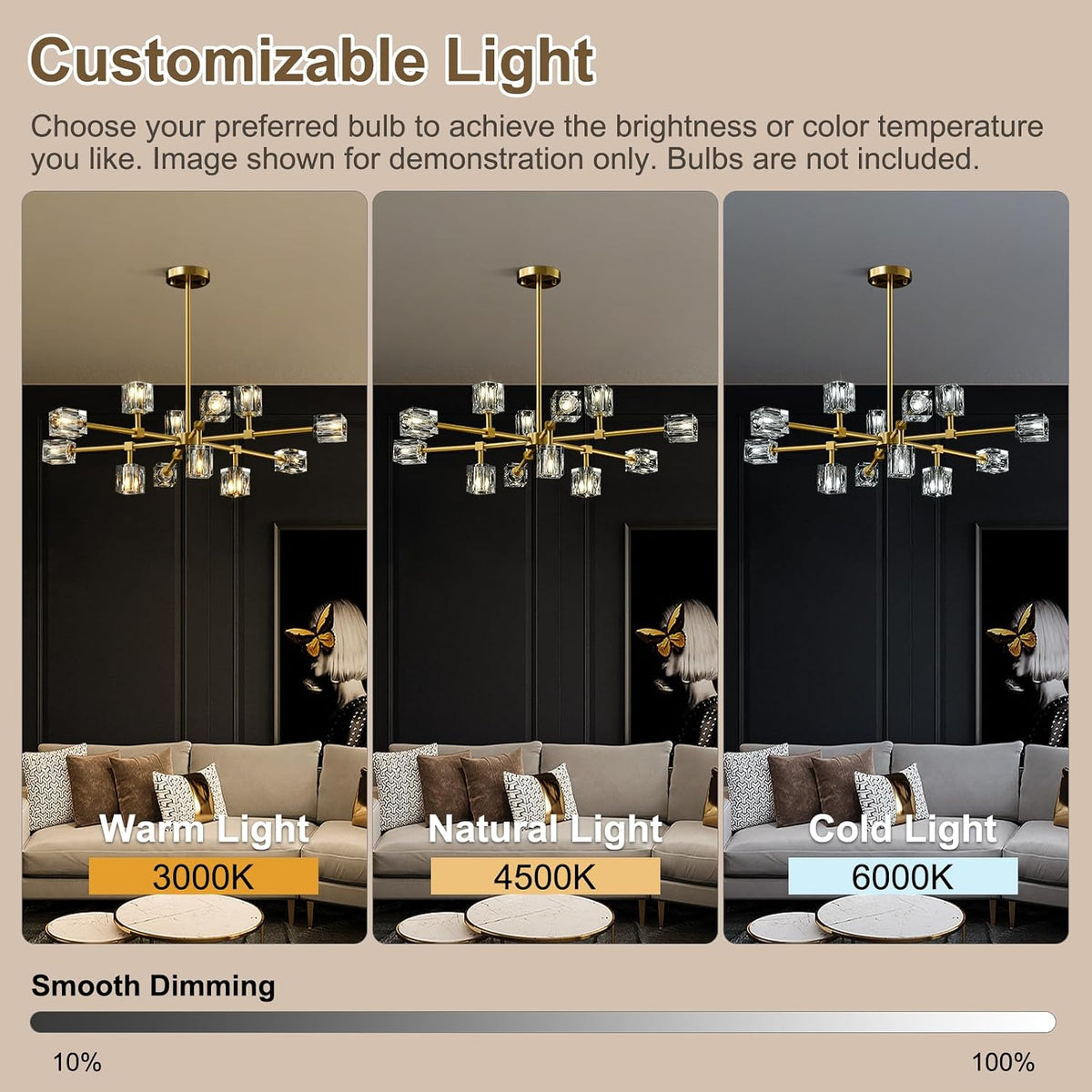 Modern Sputnik Crystal Brass Chandelier: Gold Dining Room Living Room Light