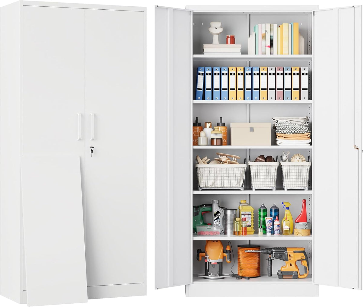 SISESOL White Metal Storage Cabinet with 2 Doors and 6 Shelves,71" Tall ...