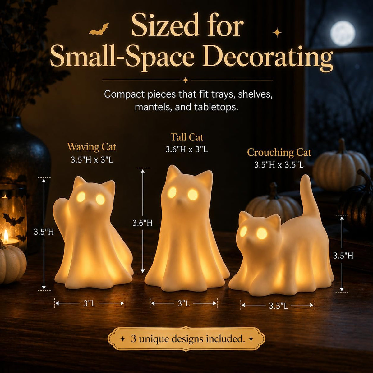 3PCS Ceramic Ghost Cat Light Up Decor Cat Ghost Halloween Decor