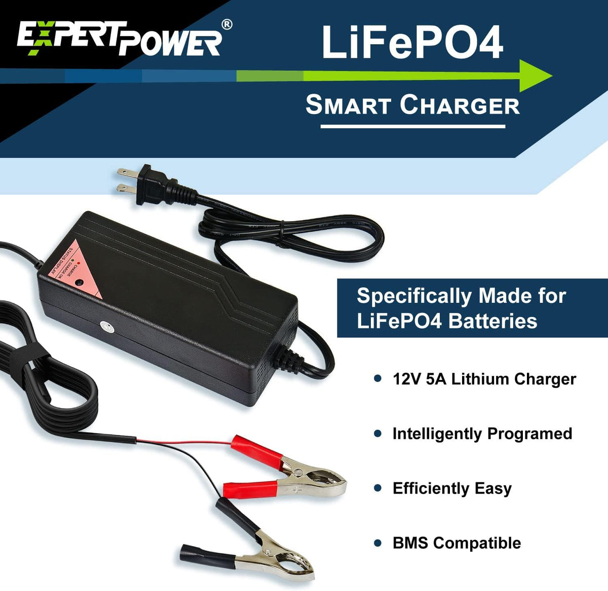 ExpertPower 12.8V 5A Smart Charger for Lithium LiFePO4 Deep Cycle Rechargeabl...