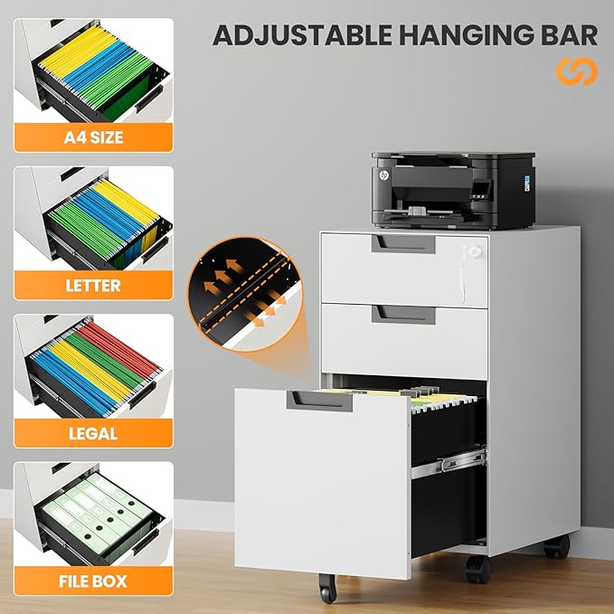 3 Drawer File Cabinet with Lock, Fully Assembled Metal Mobile Filing Cabinets