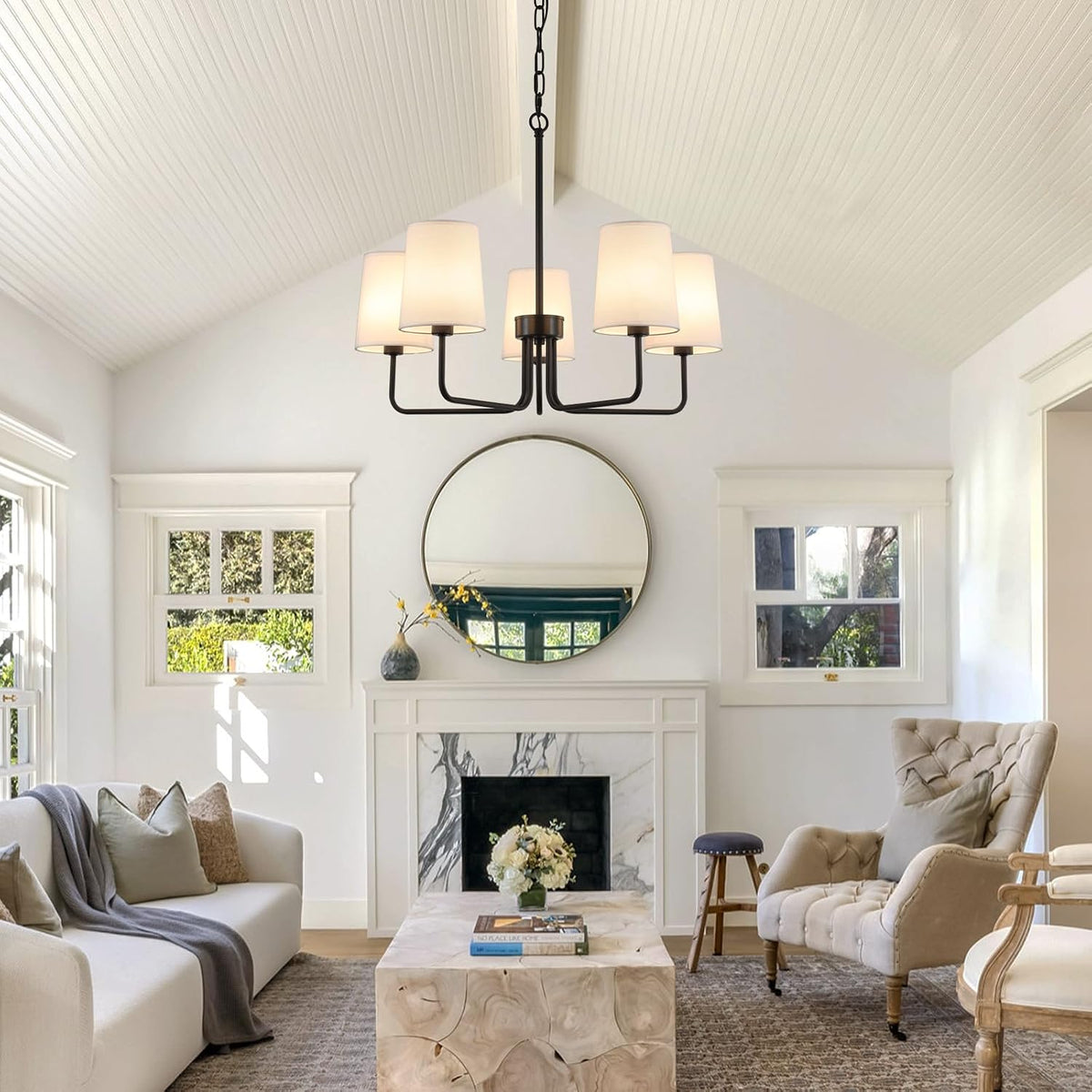 Farmhouse Chandelier, Matte Black with White Fabric Shade, Farmhouse Linear I...