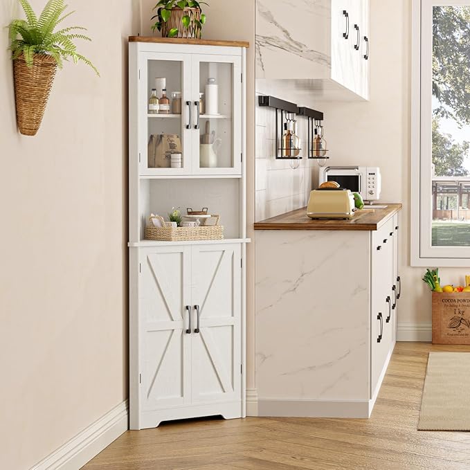 67''H Tall Corner Cabinet with 4 Tempered Glass Doors and Barn Doors,...