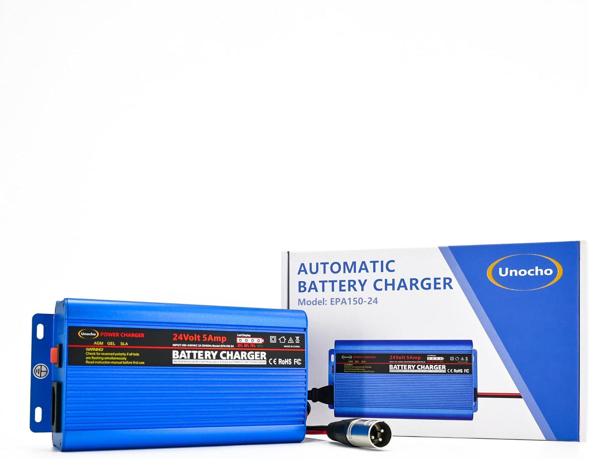Unocho 24V 5A Battery Charger 4-Stage Smart Lead-Acid Charger with 3-Pin XLR ...