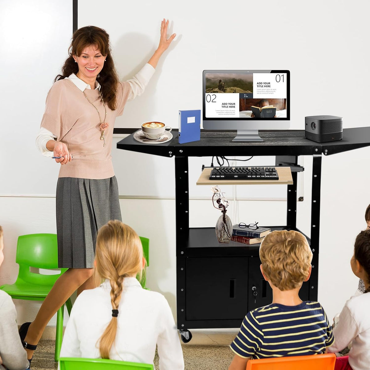 Large Steel AV Cart with Locking Cabinet and Pullout Keyboard Tray, Adjustabl...