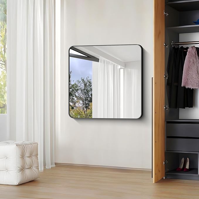 Black Bathroom Mirrors for Wall, Rounded Corner Metal Frame Wall Mirror
