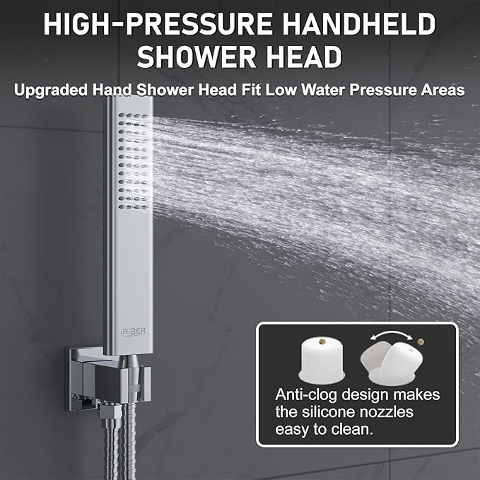 Iriber 12 Inch Bathroom Shower System Polish Chrome Wall Mounted Square Mixer