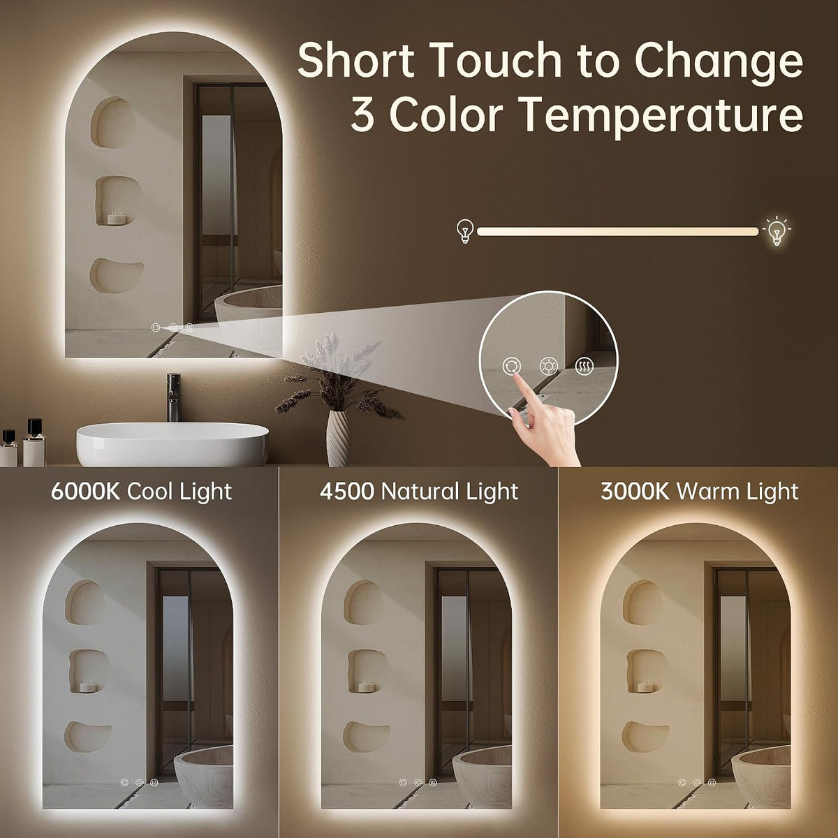 24"x36" Arched LED Lighted Bathroom Mirror with Lights | Fogless, D...
