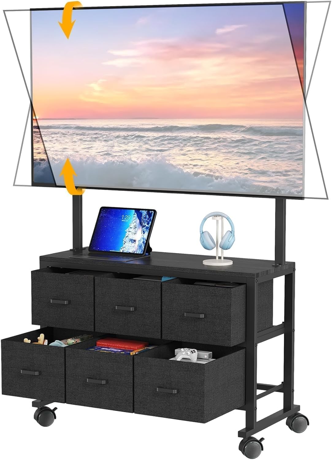 Portable Mobile TV Cart Rolling TV Stand with 6 Drawers for 23-72 in TV