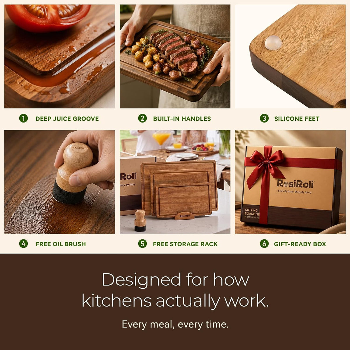 Acacia Cutting Board Set of 3 with Stand for Kitchen Prep