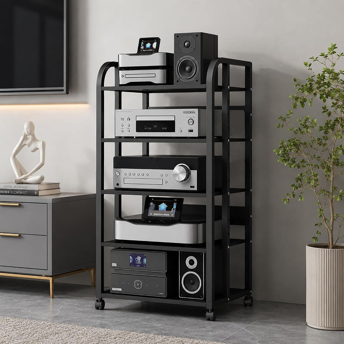 5 Tier Av Media Stand with Wheels, 39in Adjustable Audio Rack