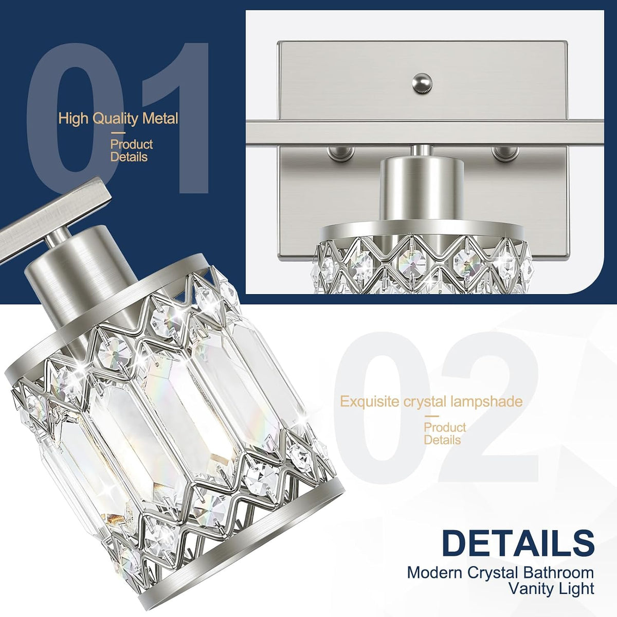 Crystal Modern Bathroom Light Fixtures, 3-Light Brushed Nickel Bathroom Vanit...