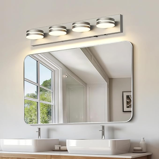 26" Motion Sensor Vanity Light Brushed Nickel, 3CCT 4-Light Modern LED B...