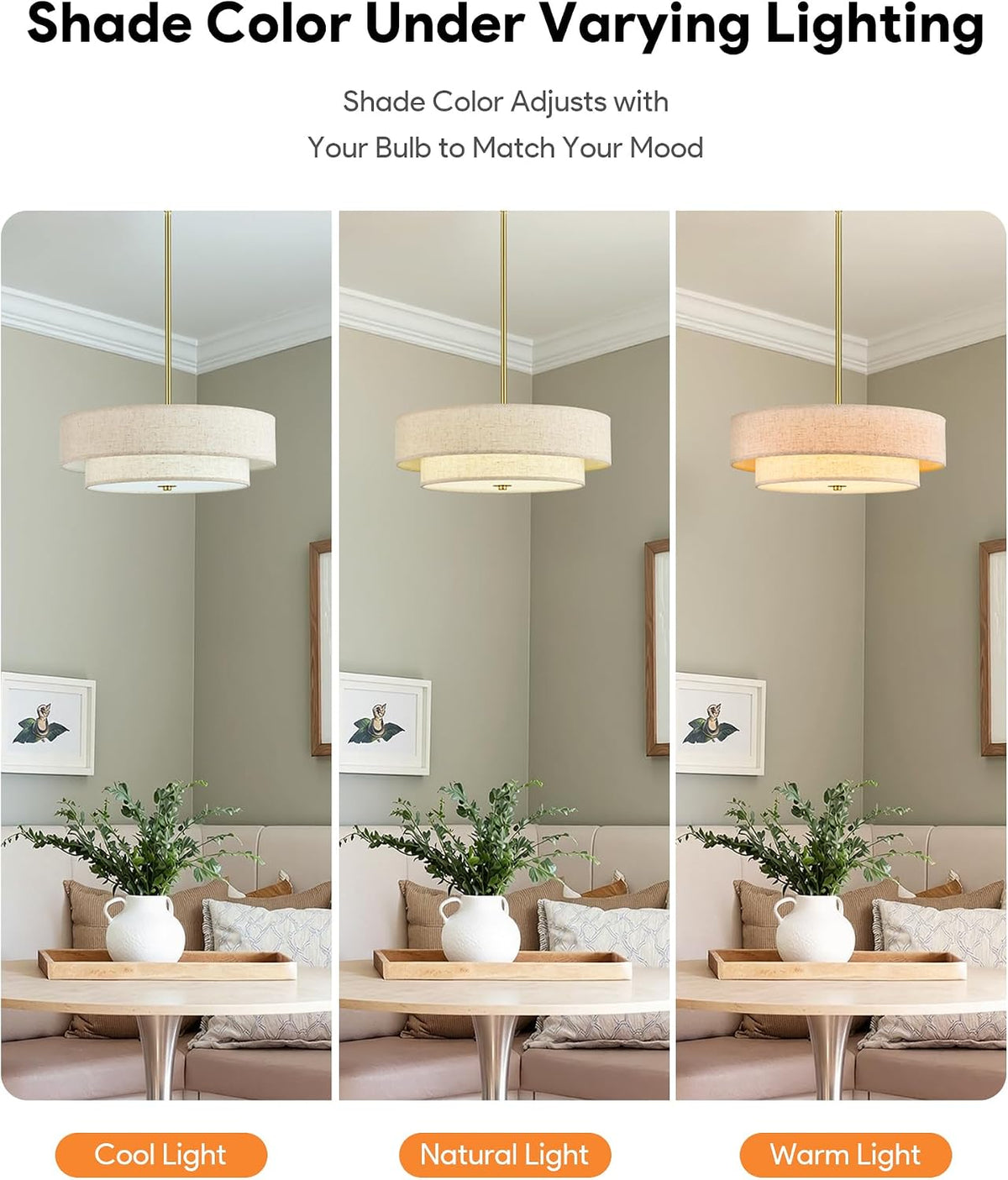 VONLUCE 18" Modern Drum Chandelier, 4-Light 2-Tier Linen Pendant Light