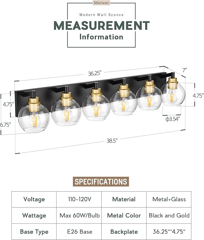 METWET Bathroom Light Fixtures, 6-Light Black and Gold Bathroom Vanity Light
